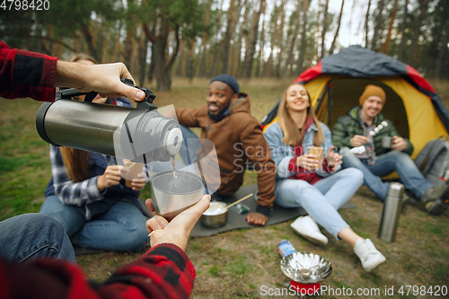 Image of Group of friends on a camping or hiking trip in autumn day