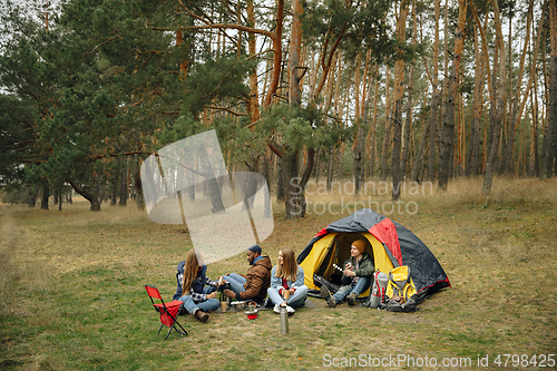 Image of Group of friends on a camping or hiking trip in autumn day