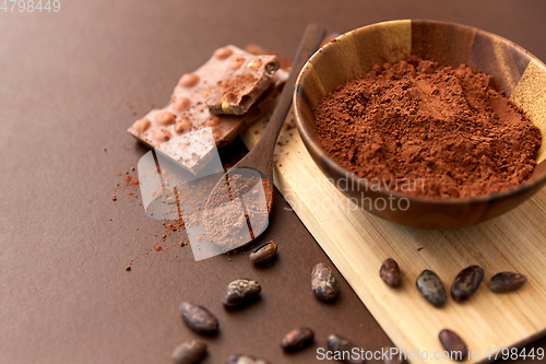 Image of chocolate with hazelnuts, cocoa beans and powder