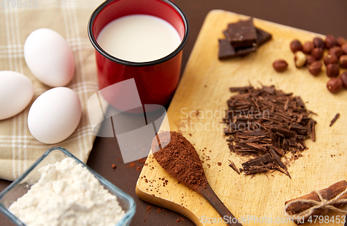 Image of chocolate, cocoa powder, milk, eggs and flour