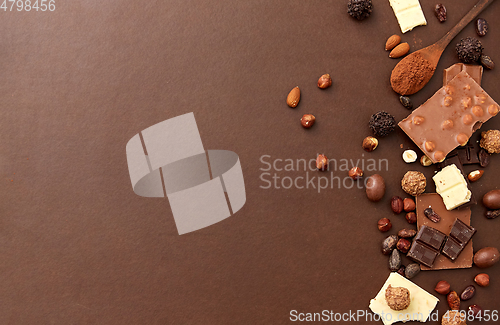 Image of chocolate with nuts, cocoa beans and powder