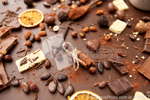 Image of cocoa beans, chocolate, nuts and cinnamon sticks