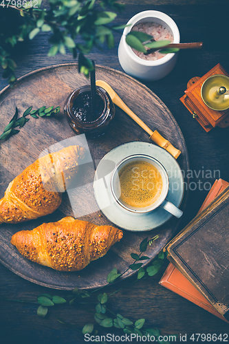 Image of Breakfast - Croissants with nuts and cup of coffee