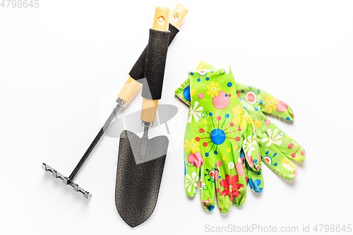 Image of Garden tools with garden gloves on white background