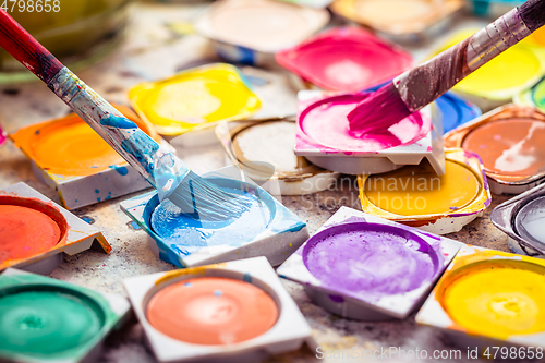 Image of Set of watercolor paints and paintbrushes for painting closeup. 