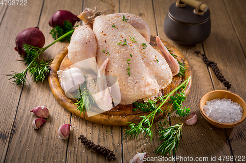 Image of Raw chicken with onion, garlic and herbs with spices ready for cooking