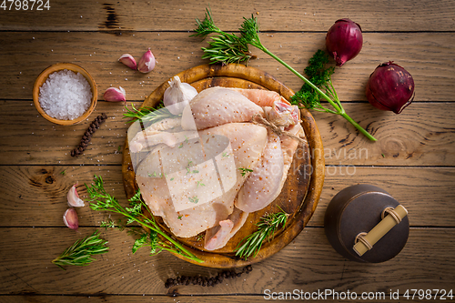 Image of Raw chicken with onion, garlic and herbs with spices ready for cooking