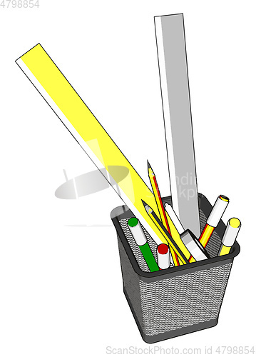 Image of Wire pen cup with rulers and several pens and penciles vector il