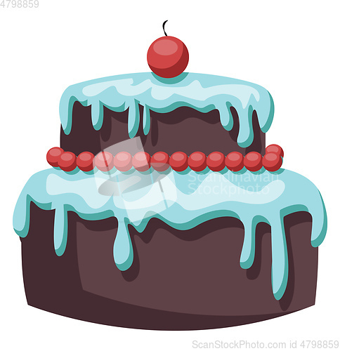 Image of Brown cake with light blue icing and red cherry vector illustrat