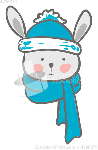 Image of A cartoon hare covered in its warm blue winter scarf and head ca