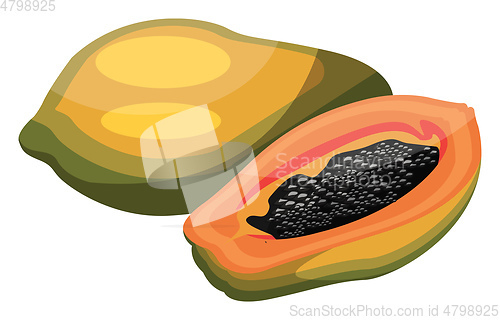 Image of Cartoon of a green and yellow papaya a papaya cut in half with b