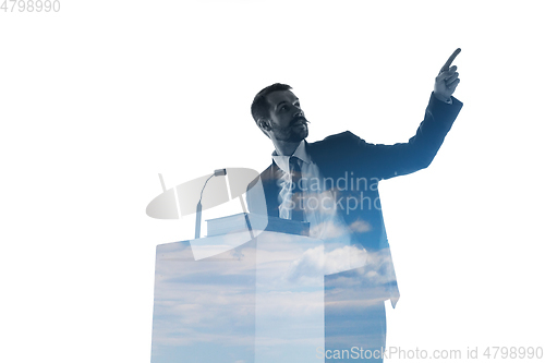 Image of Speaker, coach or chairman during politician speech on white background