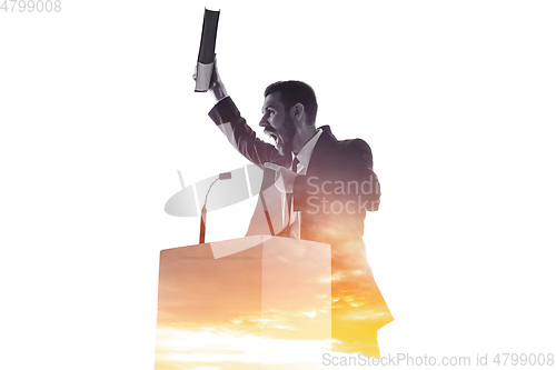 Image of Speaker, coach or chairman during politician speech on white background