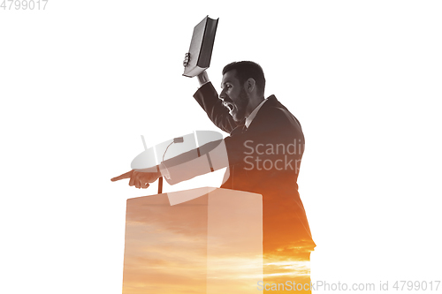 Image of Speaker, coach or chairman during politician speech on white background