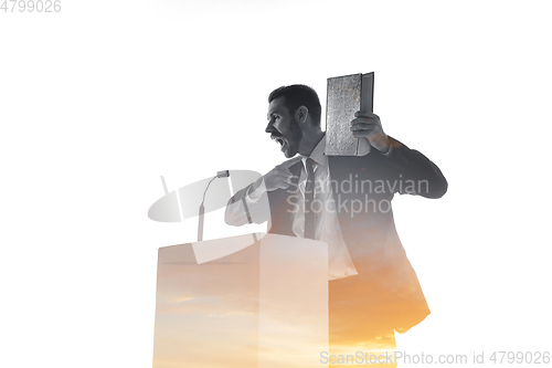 Image of Speaker, coach or chairman during politician speech on white background