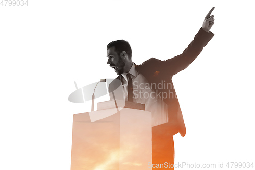 Image of Speaker, coach or chairman during politician speech on white background