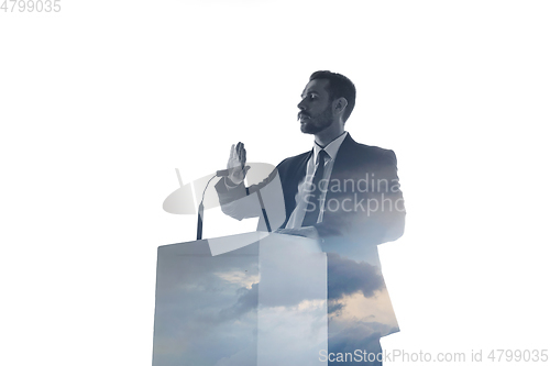 Image of Speaker, coach or chairman during politician speech on white background