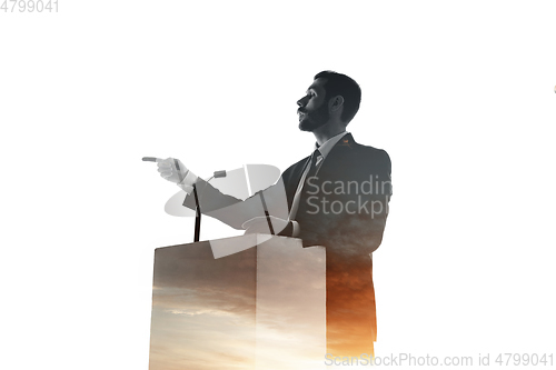 Image of Speaker, coach or chairman during politician speech on white background