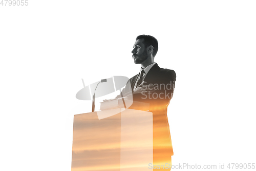 Image of Speaker, coach or chairman during politician speech on white background