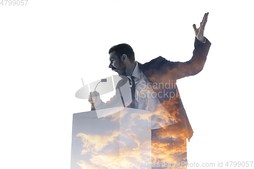 Image of Speaker, coach or chairman during politician speech on white background