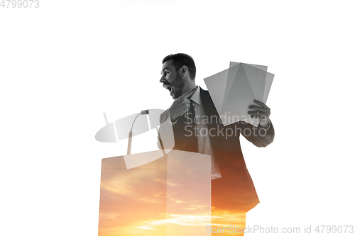 Image of Speaker, coach or chairman during politician speech on white background