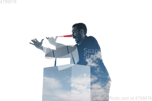 Image of Speaker, coach or chairman during politician speech on white background