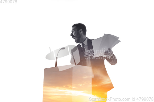 Image of Speaker, coach or chairman during politician speech on white background