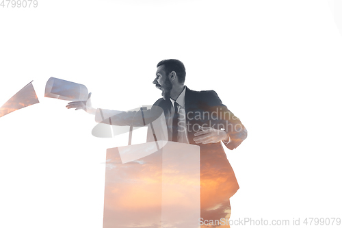 Image of Speaker, coach or chairman during politician speech on white background