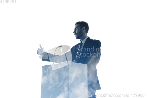 Image of Speaker, coach or chairman during politician speech on white background