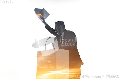 Image of Speaker, coach or chairman during politician speech on white background