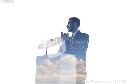 Image of Speaker, coach or chairman during politician speech on white background