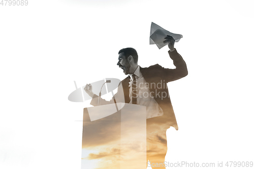 Image of Speaker, coach or chairman during politician speech on white background