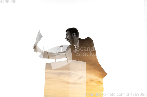 Image of Speaker, coach or chairman during politician speech on white background