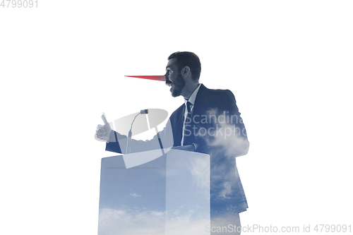 Image of Speaker, coach or chairman during politician speech on white background