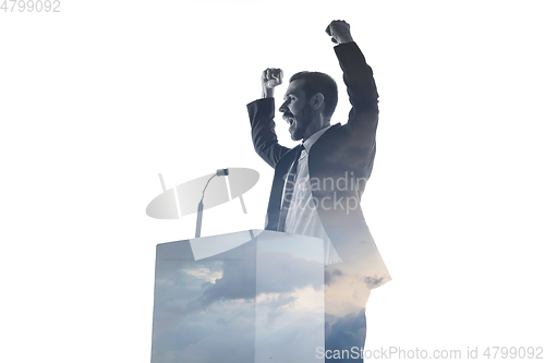 Image of Speaker, coach or chairman during politician speech on white background