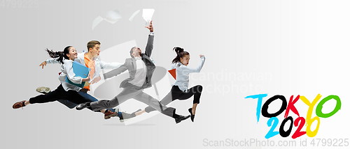 Image of Office workers or ballet dancers jumping on white background