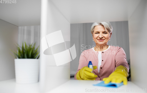 Image of happy senior woman with cloth dusting rack at home