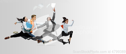 Image of Office workers or ballet dancers jumping on white background