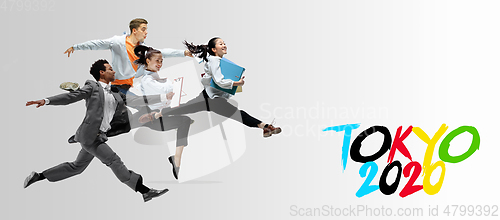 Image of Office workers or ballet dancers jumping on white background