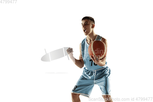 Image of Full length portrait of a young basketball player with ball