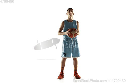 Image of Full length portrait of a young basketball player with ball