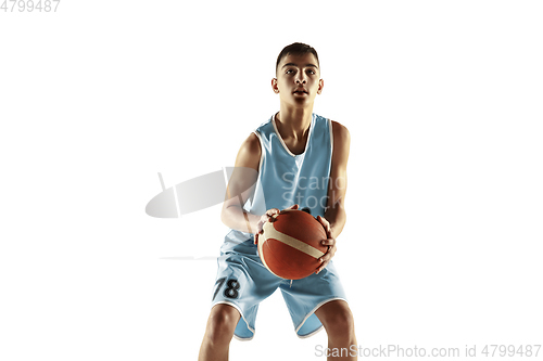 Image of Full length portrait of a young basketball player with ball