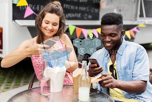 Image of couple with smartphones eating wok at food truck