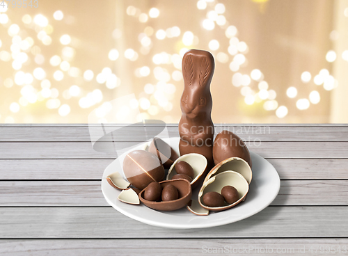 Image of chocolate bunny, eggs and candies on plate