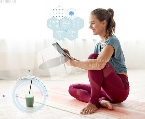 Image of woman with tablet pc and drink at yoga studio