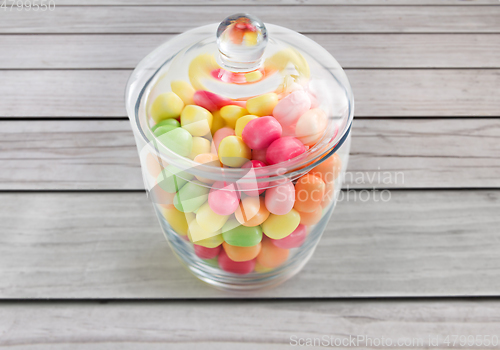 Image of close up of glass jar with colorful candy drops