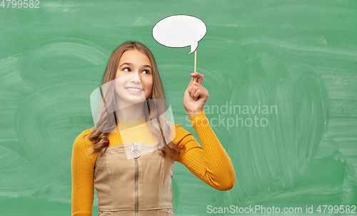 Image of student girl with speech bubble over chalk board