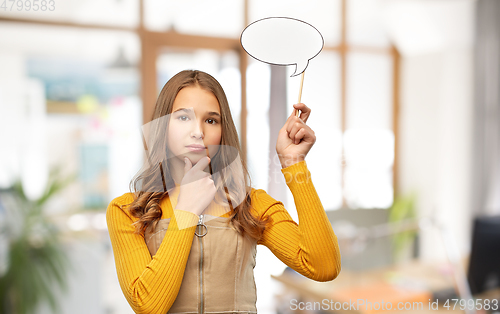 Image of teenage girl holding speech bubble over office