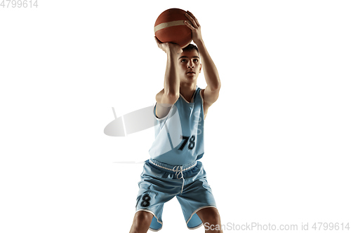 Image of Full length portrait of a young basketball player with ball