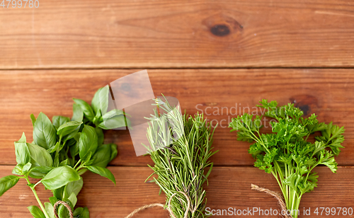 Image of greens, spices or medicinal herbs on wooden boards